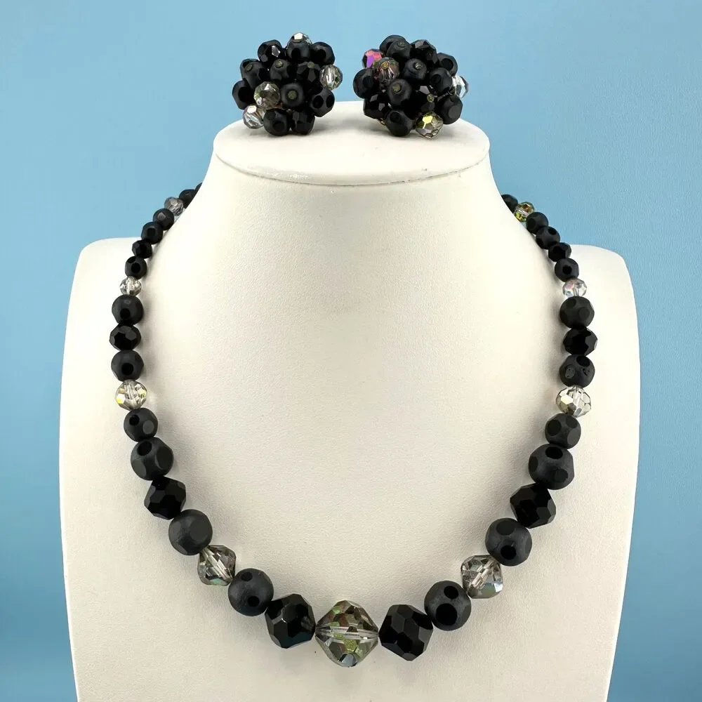 Vintage Laguna Necklace Earrings Set Matte Black AB Faceted Glass Bead Cluster